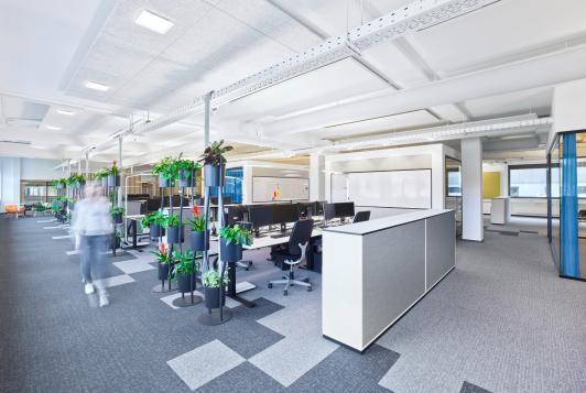 Moderne Open-Space-Bürolandschaft der Häfele Hauptverwaltung in Nagold mit begrünten Arbeitsbereichen, flexiblen Teamflächen und kollaborativen Arbeitszonen. Bauherr: Häfele. Ort: Nagold. Geplant und umgesetzt von arc+ GmbH Freudenstadt.