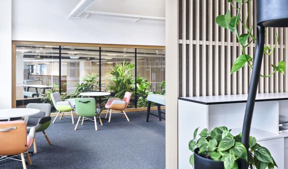 Kommunikations- und Aufenthaltsbereich in der Häfele Hauptverwaltung in Nagold mit begrünten Begegnungszonen, offenen Sitzbereichen und transparenter Innenarchitektur für moderne Arbeitswelten. Bauherr: Häfele. Ort: Nagold. Geplant und umgesetzt von arc+ GmbH Freudenstadt.