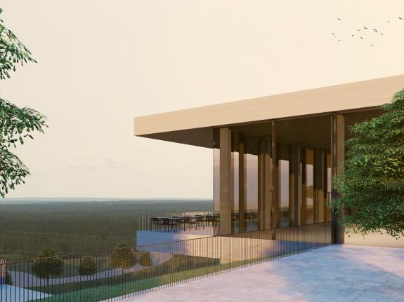 Der auskragende Baukörper des HOMAG Neubaus inszeniert die spektakuläre Weitsicht über den Nordschwarzwald und macht den Holzbau zur architektonischen Geste – geplant von arcplus.