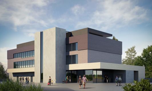 Ein Gebäudeteil des Gewerbeareals Sonneneck an der Stuttgarter Straße in Freudenstadt mit klar gegliederter Fassade, großzügigen Fensterbändern und einer Material- und Farbgestaltung in erdigen Farbtönen. Die Projektentwicklung verbindet unterschiedliche Branchen und Nutzungen aus Büro, Dienstleistung, Einzelhandel, Gastronomie und Fitness mit insgesamt 18 Wohnungen zu einem gemischt genutzten Gewerbe- und Wohnensemble. Die Architektur nimmt mit ihrer Geschossgliederung und Materialität Bezug auf die typische Bebauung in Freudenstadt. Projektentwicklung, Planung und Umsetzung durch arc+ GmbH Freudenstadt.