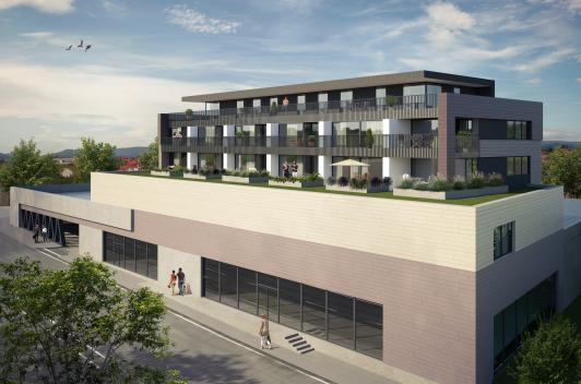 Das Gewerbeareal Sonneneck an der Stuttgarter Straße in Freudenstadt mit Gewerbeflächen in den unteren Geschossen und darüber angeordneten Wohnungen mit großzügigen Balkonen und begrünten Außenbereichen. Die gemischt genutzte Projektentwicklung vereint unterschiedliche Branchen und Nutzungen wie Einzelhandel, Systemgastronomie, Büro, Dienstleistung und Fitness mit insgesamt 18 Wohnungen in einem urbanen Gebäudeensemble. Die Kombination aus Arbeiten, Einkaufen, Dienstleistung und Wohnen schafft eine vielseitige Nutzungsmischung an einem verkehrsgünstigen Standort in Freudenstadt. Projektentwicklung, Planung und Umsetzung durch arc+ GmbH Freudenstadt.